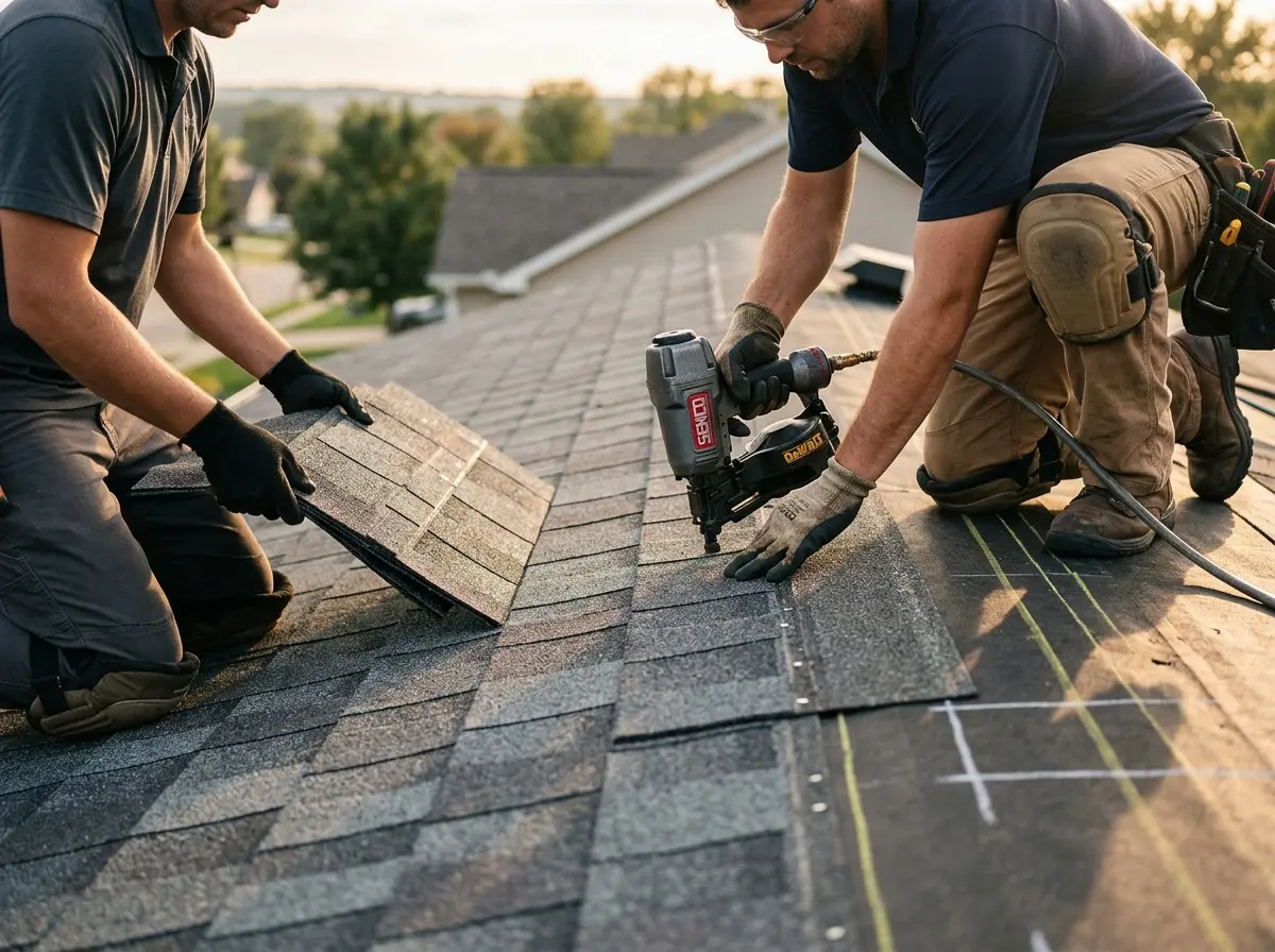 Professional roofer working on a residential roof in Tillmans Corner